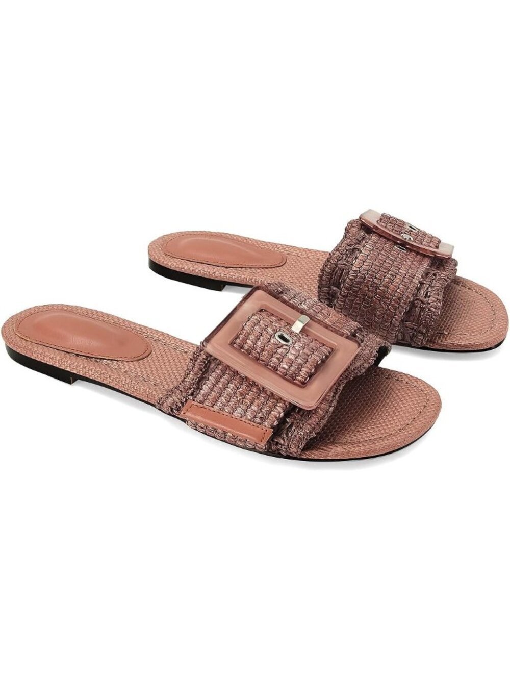 Women's Orange Raffia Woven Braided Rattan Slides Comfort Cute Buckle Straw flat